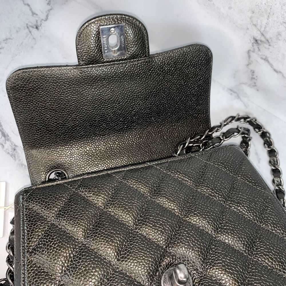 ❌❌ CHANEL 17S Metallic Charcoal Square Classic Caviar Mini Quilt Flap Bag CC RHW - Picture 12 of 17
